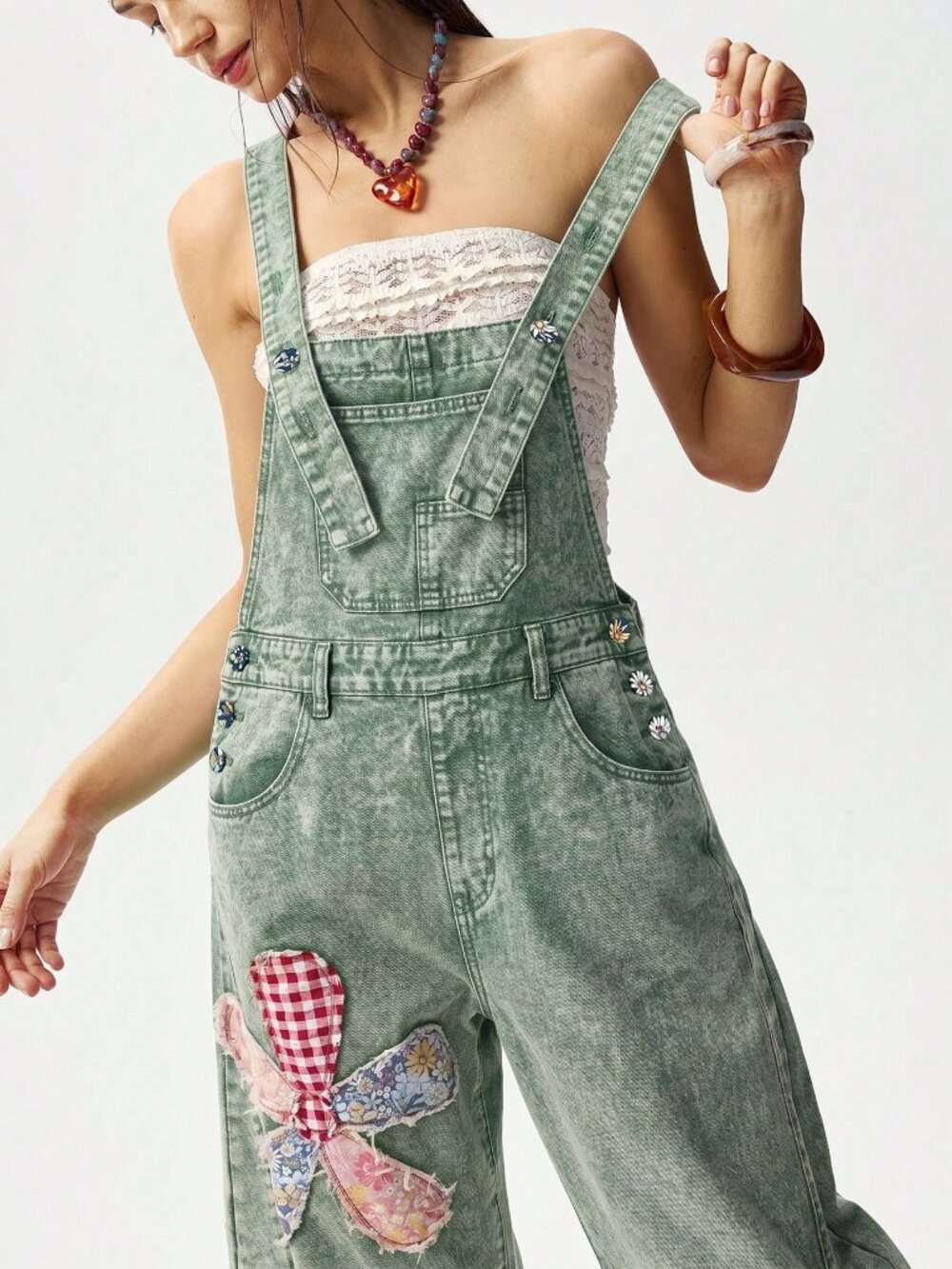Army Green Casual Women's Floral Embroidered Button Pocket Jumpsuit